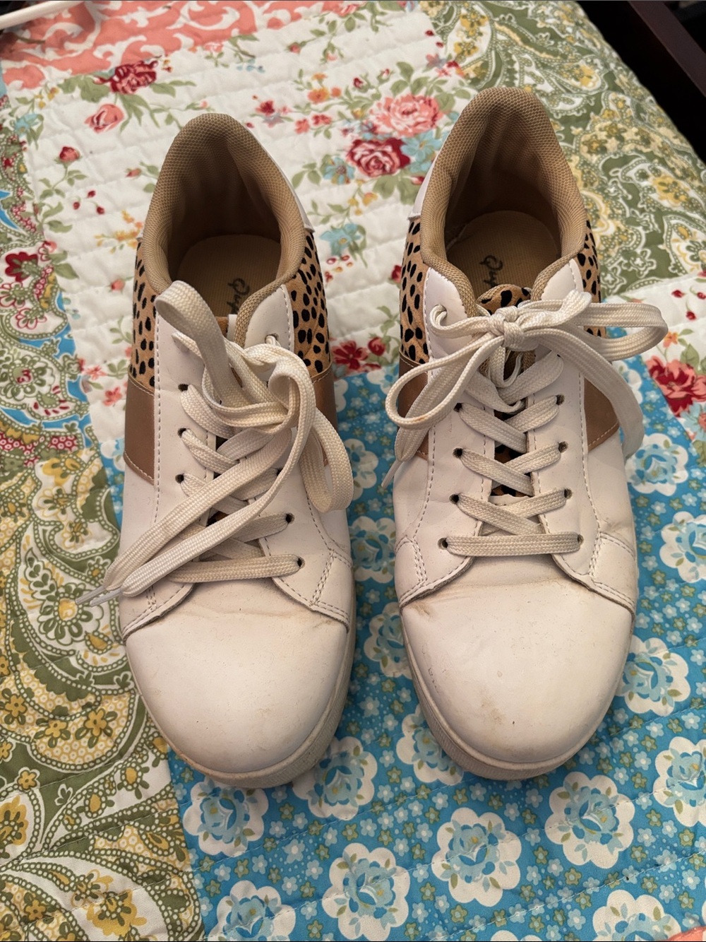 Qupid Cream and Tan Sneakers with Leopard Heel